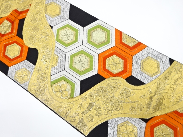 JAPANESE KIMONO / ANTIQUE FUKURO OBI / SILK / WOVEN KIKKO & FLOWER